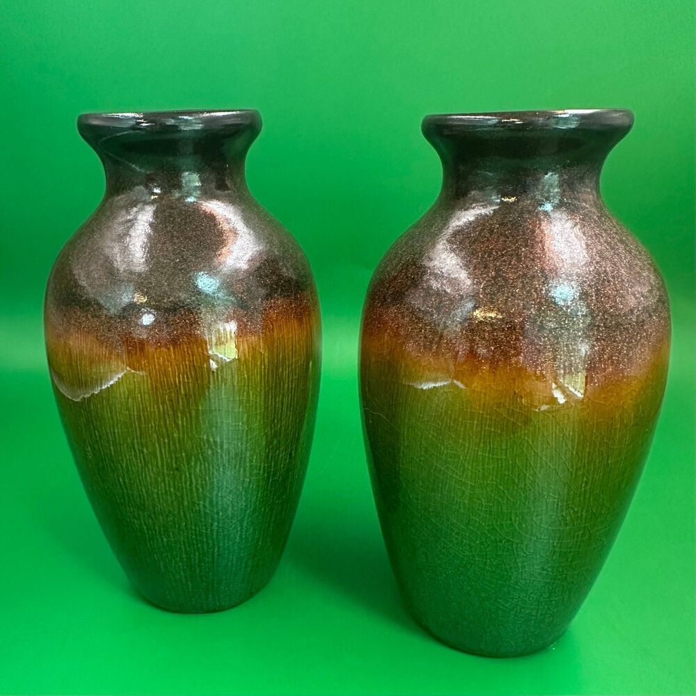 Set of 2 Hosley Ceramic Vases Green Crackle Metallic Drip Glaze Boho Decor
